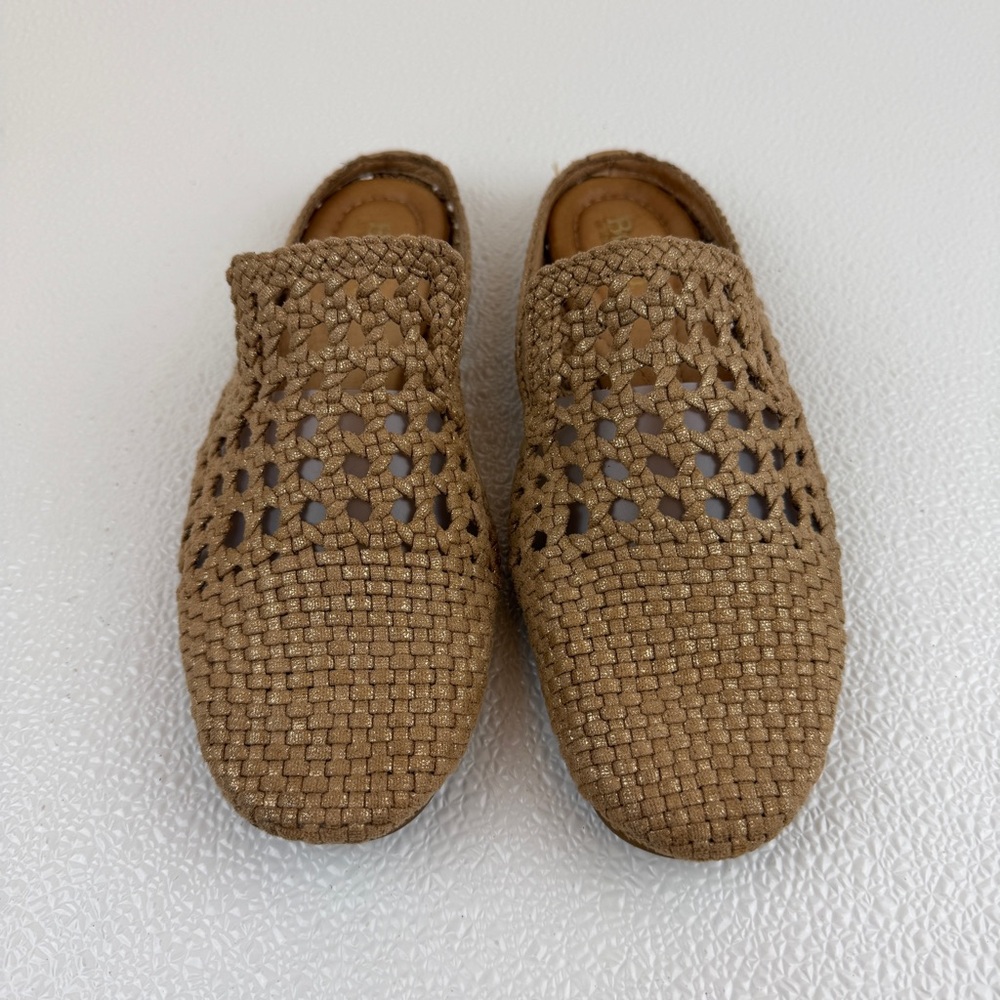 Born Woven Mule Slides Tan Leather Gold Shimmer Comfort Shoes Size 7M - Picture 2 of 8